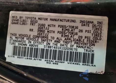 2001 Toyota Tundra Access Cab Limited z USA, uszkodzony, nr VIN 5TBBT481X1S209676
